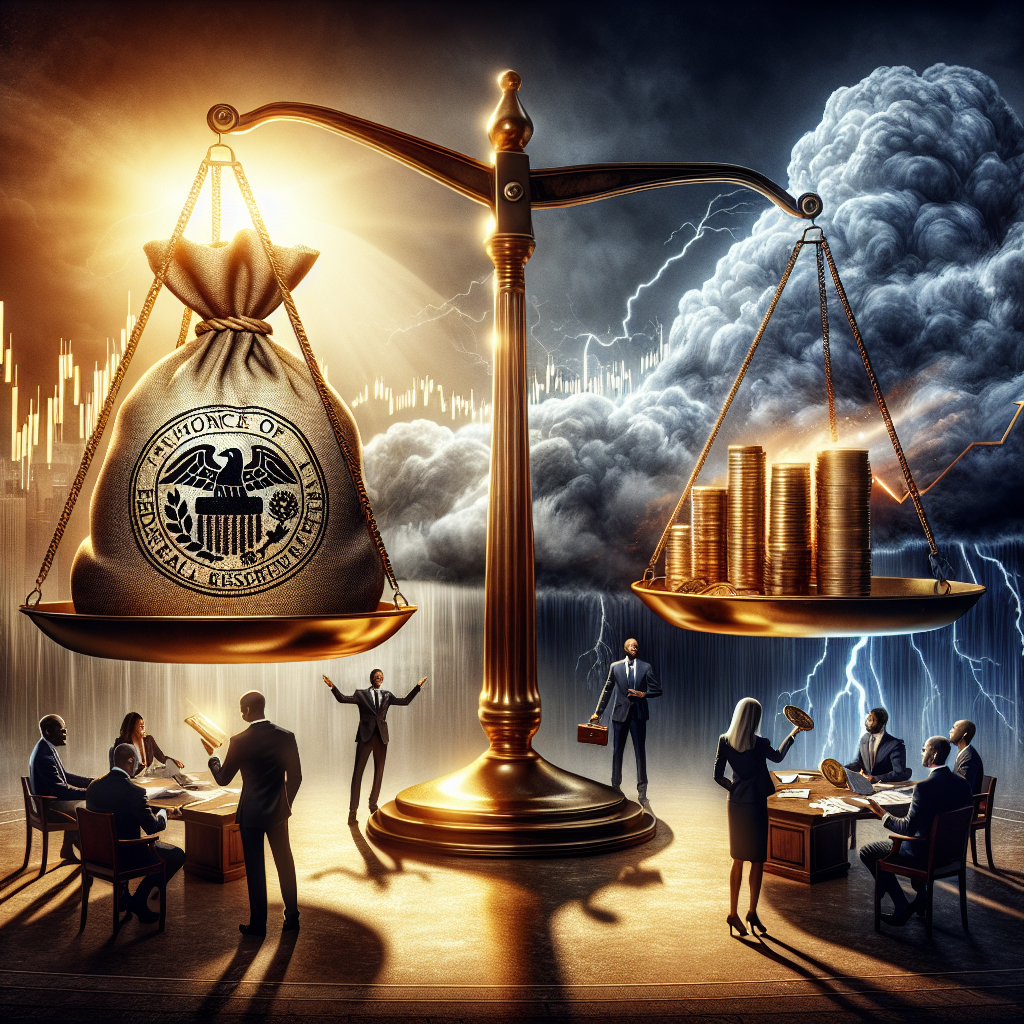 A dramatic rendering of a symbolic composition related to financial economy. In the foreground, a large, classic weighing scale made of gold, with one side displaying a heavy bag with the symbol of the Federal Reserve, while the other side has a stack of coins slowly tipping the balance. A figurative storm cloud overhead signifying inflation, while rays of light in the backdrop symbolise hope. A group of diverse individuals- a Caucasian man, an Asian woman, and a Black man, all dressed as economists, strategizing around a round table with papers, charts, and graphs.