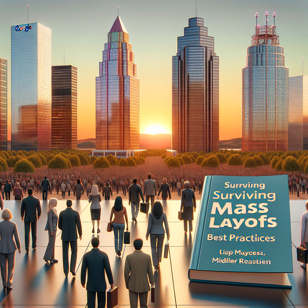 An expansive cityscape during sunset with technology company buildings casting long shadows. Four iconic representative structures that subtly hint at Google, Amazon, Meta, and Tesla dominate the skyline. Hundreds of diverse, professional people of varying genders and descents like Asian, Caucasian, and Middle Eastern are seen leaving the buildings, showcasing a sense of unity and resilience. The foreground features a guidebook titled 'Surviving Mass Layoffs: Best Practices', propped open with clear, readable text.
