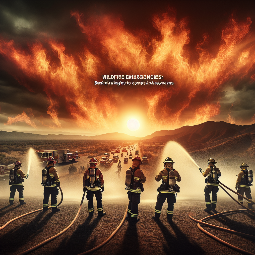 A dramatic, fiery sun setting over a desolate landscape, the scorching heat palpable. A team of firefighters, both men and women of various descents such as Caucasian, Hispanic, Black, Middle-Eastern, and South Asian, are in the foreground, battling against the encroaching flames with determination and resolve. They are equipped with fire-proof gear, helmets, and hoses, streams of water from which are surging toward the inferno. Text overlay embedded within the sky displays the words 'Wildfire Emergencies: Best Strategies to Combat Extreme Heatwaves'.