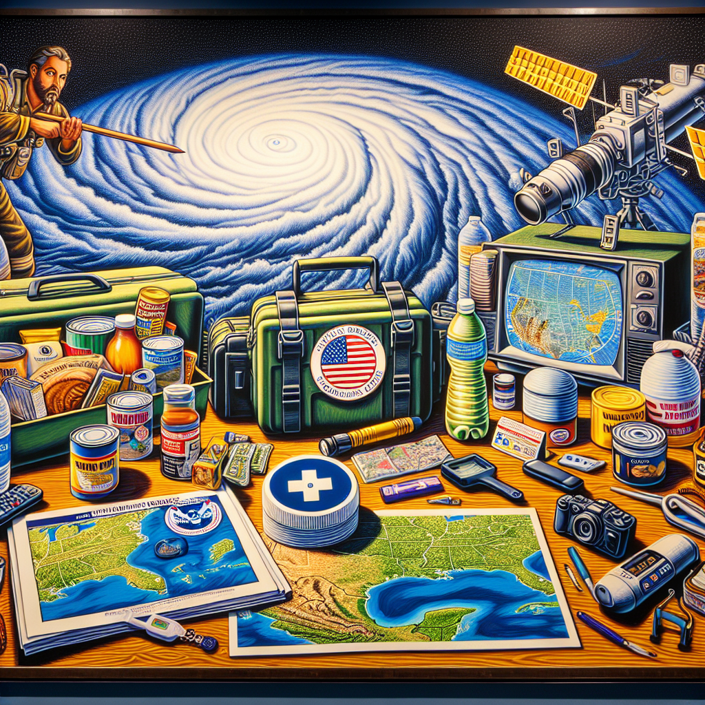 A vivid representation of an emergency preparedness kit laid out on a table: it includes items such as a flashlight, first aid kit, canned food, water containers, a local map, and a weather radio. Behind it, notice a large satellite image of a hurricane churning in the ocean, serving as a symbol of the upcoming hurricane season. Intricate details show a Middle Eastern male public servant delivering an important announcement about hurricane readiness on a television screen in the background to amplify the concept of FEMA's involvement in disaster preparedness.