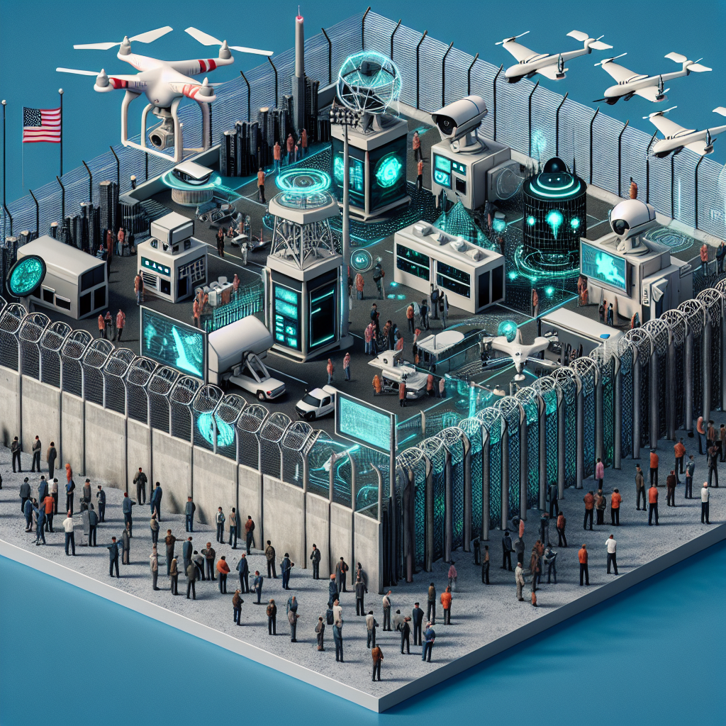 A detailed depiction of an updated border security infrastructure along a non-specific geographic boundary. The image should represent the idea of enhanced security through inclusion of modern technology such as advanced surveillance systems including high-tech CCTV cameras, drones using artificial intelligence, and software for face and voice recognition. Also include a view of improved border fencing structures. Please, display a respectful and unbiased representation of the personnel involved, including a diverse array of genders and descents.