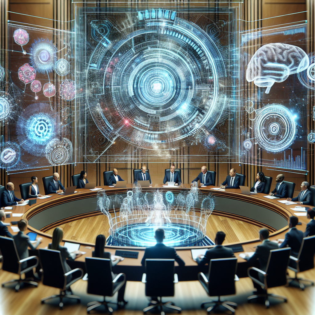 Picture a typical legislative setting with a mixed-gender group of multi-ethnic policy makers, engaged in a discussion about AI regulation. In the center of the room, there's a large, futuristic holographic screen, projecting dynamic, intricate charts and diagrams representing AI laws and regulation frameworks. On the table, futuristic technology devices can be seen. Around the room, images related to AI, like neural networks, machine learning symbols, and AI ethics icons can be seen. The overall atmosphere suggests the gravity and importance of the subject under discussion.