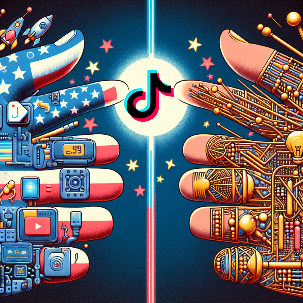 An illustration depicting two hands reaching out from opposite sides of the image. One hand, representing the United States, is plastered with digital icons, such as a computer mouse, LED light bulb, and rocket. The other hand, symbolizing China, has traditional technology symbols like an abacus and ancient astronomical tools. In the middle, they clash over a glowing emblem of the TikTok logo, which is transforming into a stop sign.