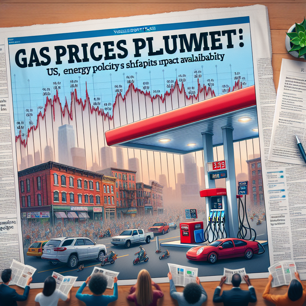 Visualize a newspaper front page centered on the news of a drastic drop in gas prices. The headline should read 'Gas Prices Plummet: US Energy Policy Shifts Impact Availability'. The accompanying image should illustrate this major shift, showing an abundant fuel pump offering very low prices, set against a backdrop of an urban landscape. A diverse set of people are seen in the background reading about this news, their expressions conveying their mixed feelings. An additional element can be a graph showing the trend of dropping gas prices over time. Please ensure the graph is clearly legible and simple to understand.