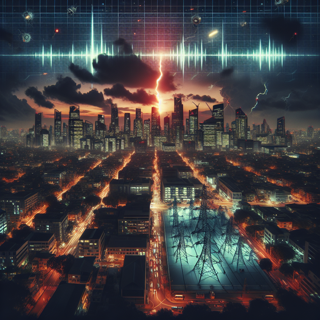 Visualize a scenario depicting the serious nature of the subject at hand: power grid failure risks. Begin with a detailed cityscape during dusk, with towering skyscrapers and busy streets. Abruptly, all the lights in the city should go out, plunging the environment into darkness and illustrating a sudden power outage. Overlay this scene with a digital alert signal permeating the dark canvas, symbolizing the nationwide blackout alert. Show causes of power failure like thunderstorms or squirrels near transformer stations in the distant background. Use ominous colors to underscore the urgency and gravity of the situation.