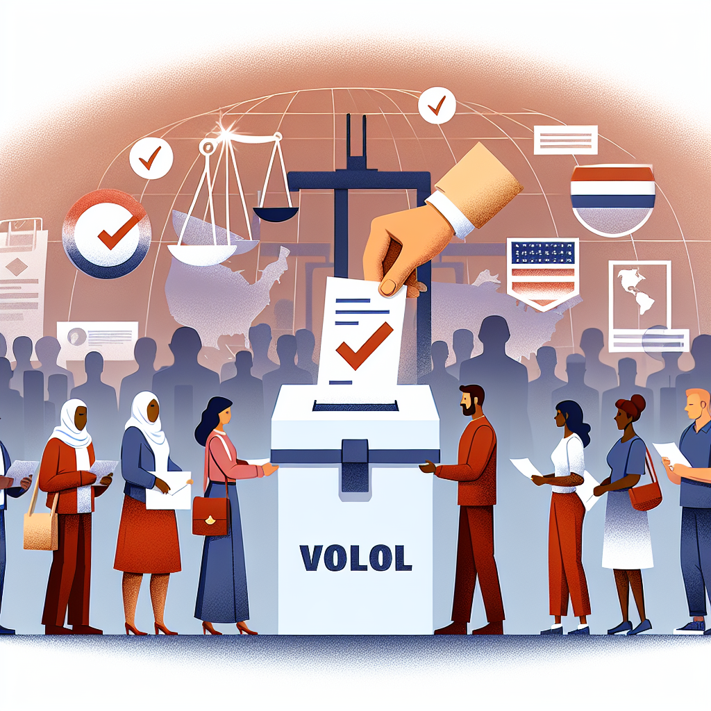 Illustration depicting the process of voting in the United States, with a diverse line of people handing in their ballots to a secure ballot box. The ballot box is placed in the spotlight, signifying its importance. A Middle-Eastern woman and Caucasian man are seen casting their votes. In the background, visual symbols like checkmarks, scales of justice, and maps suggest crucial aspects of voting like fairness, decision-making, and geography. The overall atmosphere should communicate hopeful and proactive sentiments, aligning with strategies for election rebound.