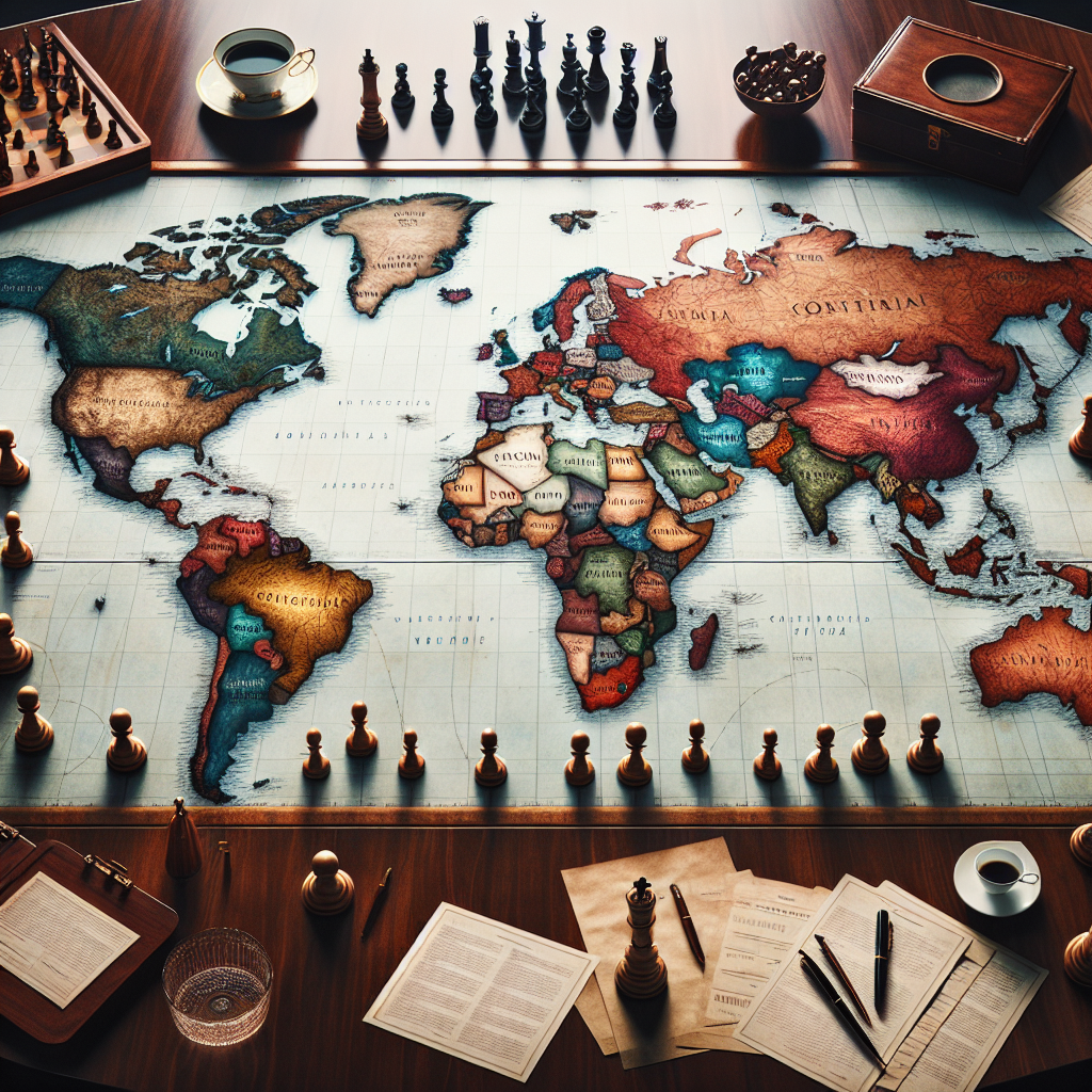 Visualize a highly detailed world map atop a polished wooden table. The countries are color-coded depending on their relations, suggesting alliances and rivalries. Several wooden chess pieces sit across key locations signifying military powerhouses, their moves symbolizing strategic decisions. On the borders, you can see documents and stationery - briefcases, pen, and paper, reminiscent of a high-stakes diplomatic meeting. A cup of coffee sits at the edge, steam gently rising, signifying the long hours put into these decisions. The overall vibe is solemn, the gravity of these decisions is felt in the air.