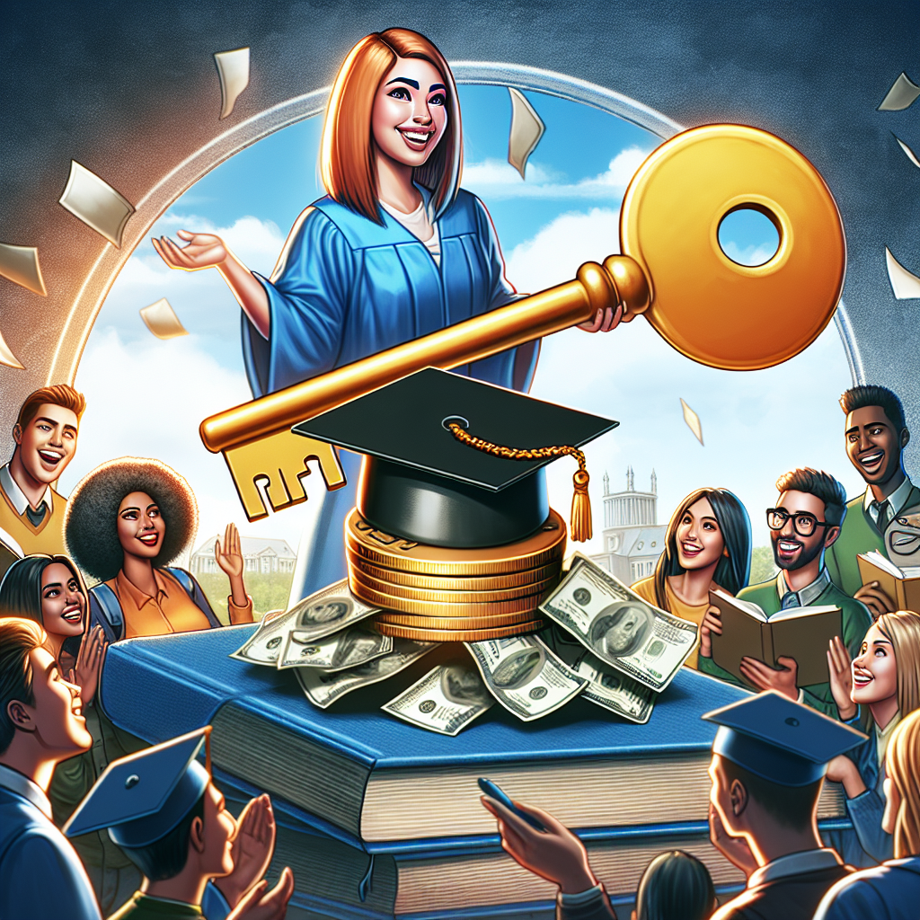 Create an image representing the concept of student loan forgiveness programs becoming effortless. Include a large, golden key prominently in the scene, symbolizing unlocking the potential of these new programs. In the background, illustrate a diverse group of students, including a South Asian female student, a Caucasian male student, a Black female student, and a Hispanic male student, all relieved and smiling as they hold large, tangible representations of their student debt being cast away or dissolved. Ensure there are books and graduation caps in the scene, symbolizing their educational journey.