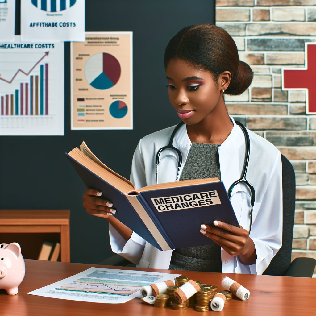Picture a professional healthcare worker, such as a Black female doctor, sitting at a wooden desk in a well-lit office. She is browsing through a thick book titled 'Medicare Changes', the cover of which is visibly decorated with a large stethoscope and a dollar sign. Charts and graphs showing healthcare costs trend line and a piggy bank with bandages, symbolizing affordable healthcare costs, are displayed on the wall behind her. She exemplifies the insider knowledge required to navigate these new changes, contemplating strategies for the benefit of patients.