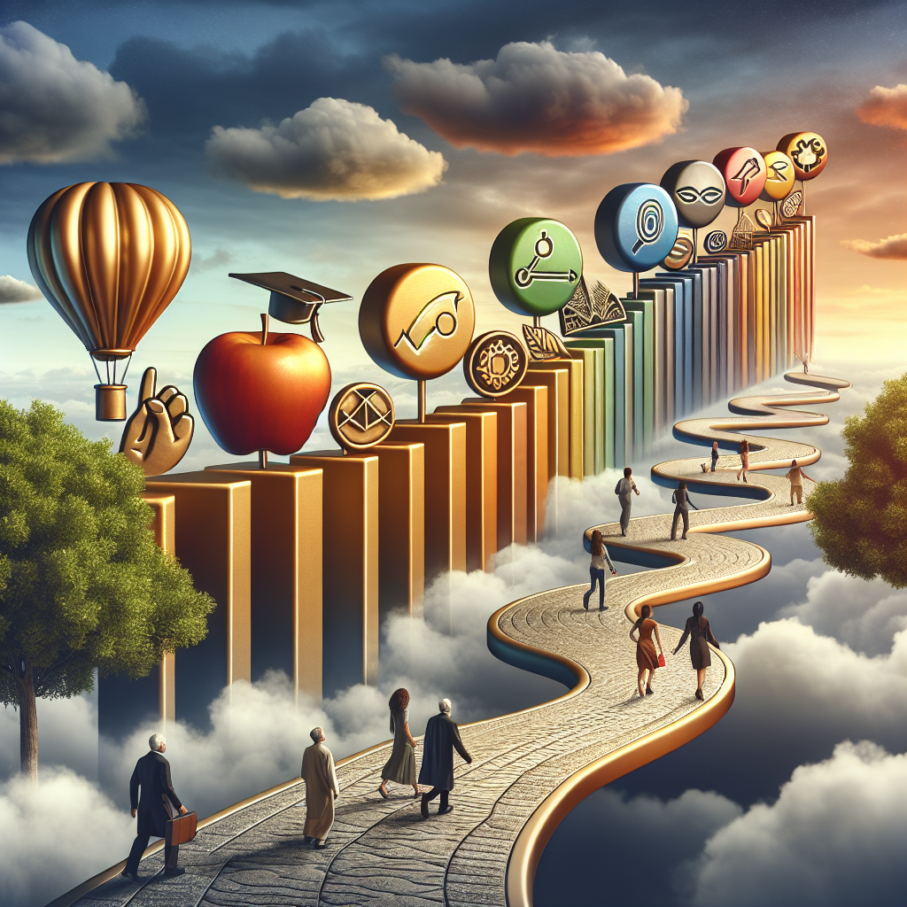 An eye-catching representation of several symbolic milestones. These could be presented as golden, bronze, and silver pathway stones stretching out across a serene background of fluffy clouds and a dusky sky. Various iconic symbols could be engraved on these stones to represent different facets of life, like a healthy apple for wellness, a festive event balloon for celebrations, a theatrical mask for the glitz and glamour of the entertainment industry, and a graduation cap representing knowledge and learning. A group of people of various genders and descents leisurely stroll along the path, capturing a spirit of inclusivity.