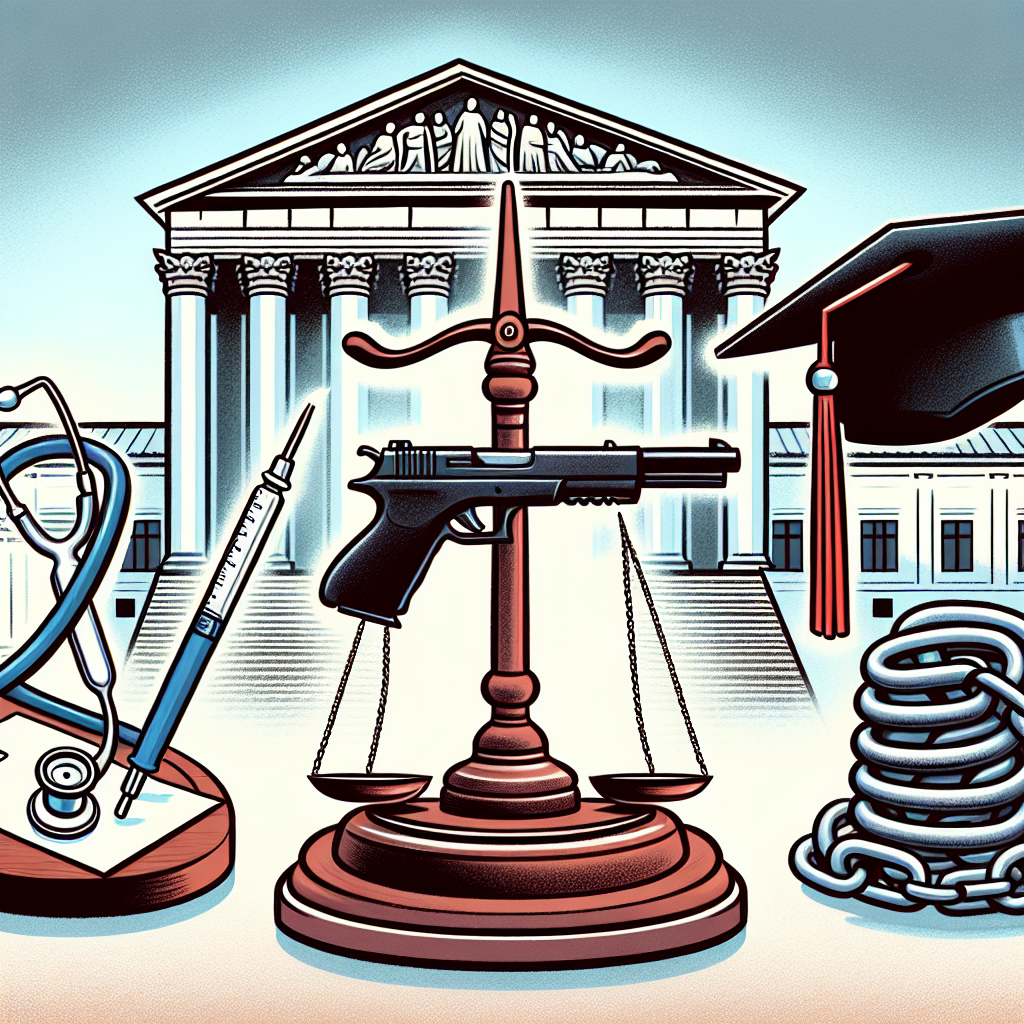 Illustration of three symbolic items: a medical instrument associated with medical procedures, sitting on a decree or paper to symbolize law changes; a gun enclosed within the legal scales of justice, indicating the regulation of gun laws; and a graduation cap tied with heavy chains, reflecting the burden of student loans. These three items are situated in front of the United States Supreme Court building, implying recent rulings related to these subjects.