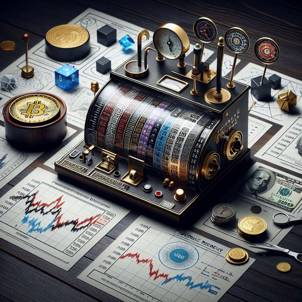 A conceptual image representing the Federal Reserve interest rate decisions. In the center, a machine reminiscent of a vintage predicting machine, with various gauges, dials, and slots for inserting questions or predictions. Around it, symbols reflecting economic health - a graph with fluctuating lines, a set of recognizable currency icons, and a gold coin. In the background, a dark wooden table surface enriched with scattered papers containing mathematical equations and financial diagrams. No human individuals should be depicted in this image.