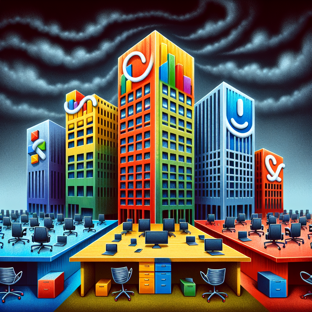 An abstract representation to reflect the turmoil in the tech industry showing symbolic versions of four major tech companies, represented as abstract buildings, with multiple office chairs and desks vacant, signifying layoffs. Each building is decorated with respective colors and motifs associated with the companies - red, yellow, blue, and green for the first building; a smiley curve for the second; a blue infinity symbol for the third; and a red T shape for the fourth. The overall atmosphere is stormy, with dark clouds looming in the background.