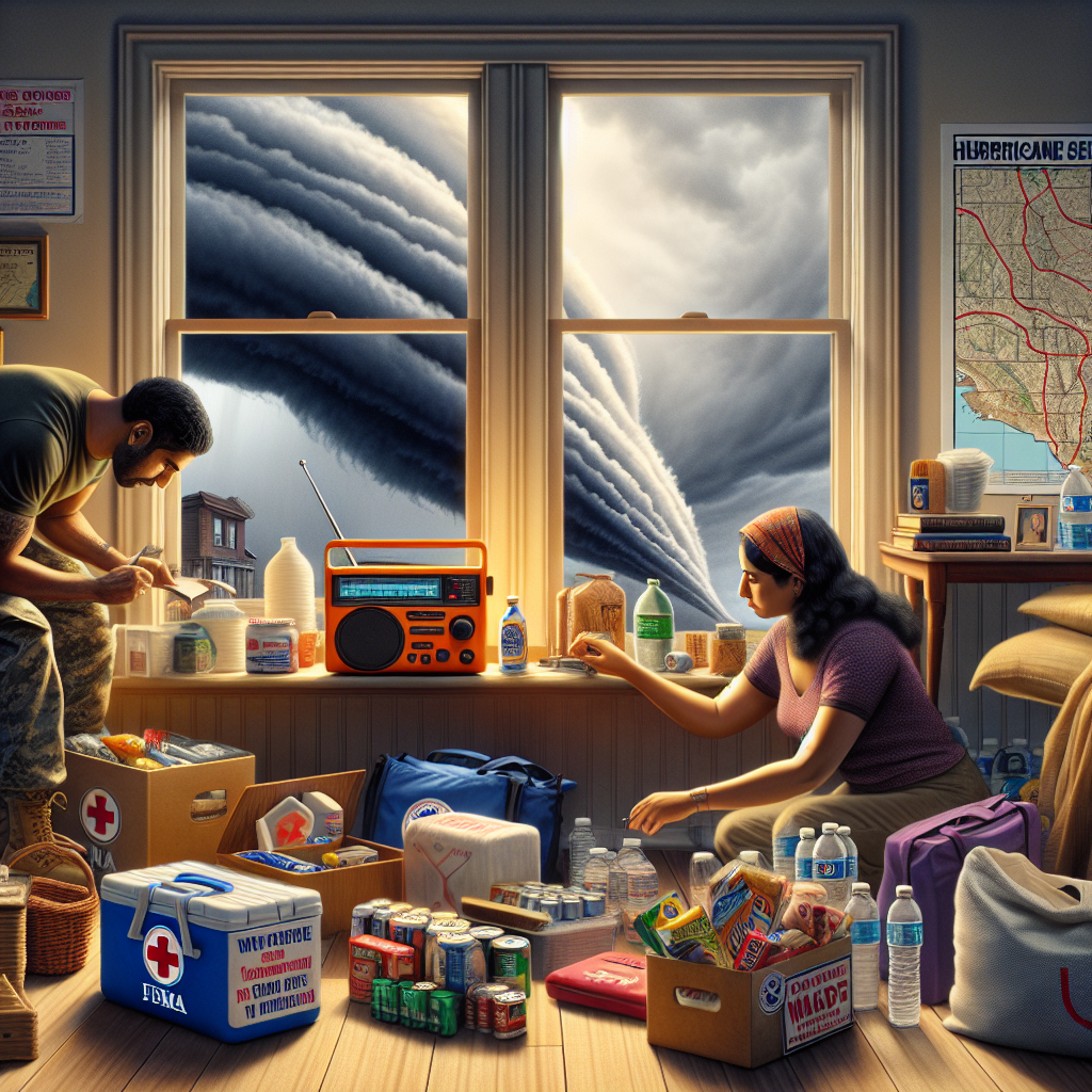 Represent an indoor scene that portrays hurricane season preparation based on FEMA updates. In this scene, include a South Asian woman and a Middle Eastern man diligently arranging hurricane essentials such as non-perishable food items, bottled water, first-aid kits, and batteries. Show displays of a battery-powered weather radio broadcasting weather alerts on the corner table. Protruding from a window are ominous dark clouds, symbolizing the impending hurricane. On the wall, let's have a map with highlighted hurricane paths. Reflect an atmosphere of urgency but also a sense of preparedness and resilience.