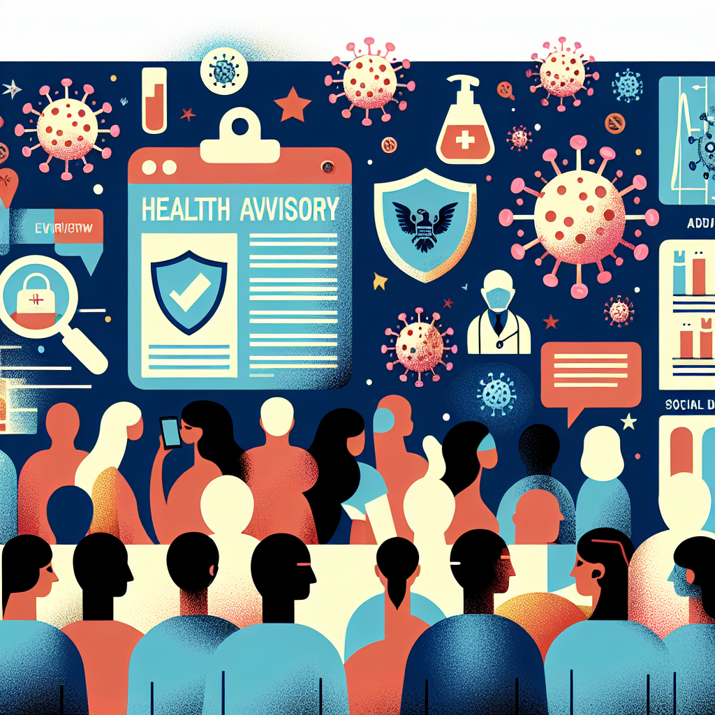 Illustration encapsulating the essence of a public health advisory. Show the recognizable emblem of a health organization in the corner, and include symbolic elements related to virus variants - like microscopic virus particles with colors or distinguishing marks indicating variation. Display a diverse group of people in the foreground, from different races and genders, eagerly reading an update on a bulletin board or digital device, emphasizing their engaged and concerned expressions. Remember to include elements symbolizing health and prevention strategies: masks, hand sanitizer, and social distancing.