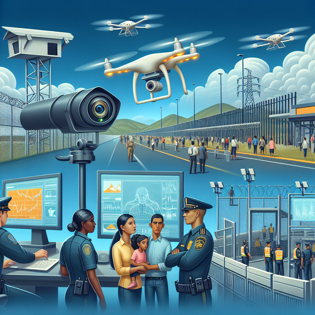 Illustrate a composition showing the latest advancements in border security technology. Portray a modern, state-of-the-art surveillance system with cameras, drones hovering in sky broadcasting live feed, infrared sensors and barriers made of high-tech materials. Include a view of a secure, yet humane border crossing point, facilitating efficient immigration. Also, depict a diverse group of well-trained border security officers – an Asian female officer interacting with a Hispanic family, a Black male officer monitoring the surveillance screens, and a Caucasian female officer consulting with a Middle-Eastern gentleman.