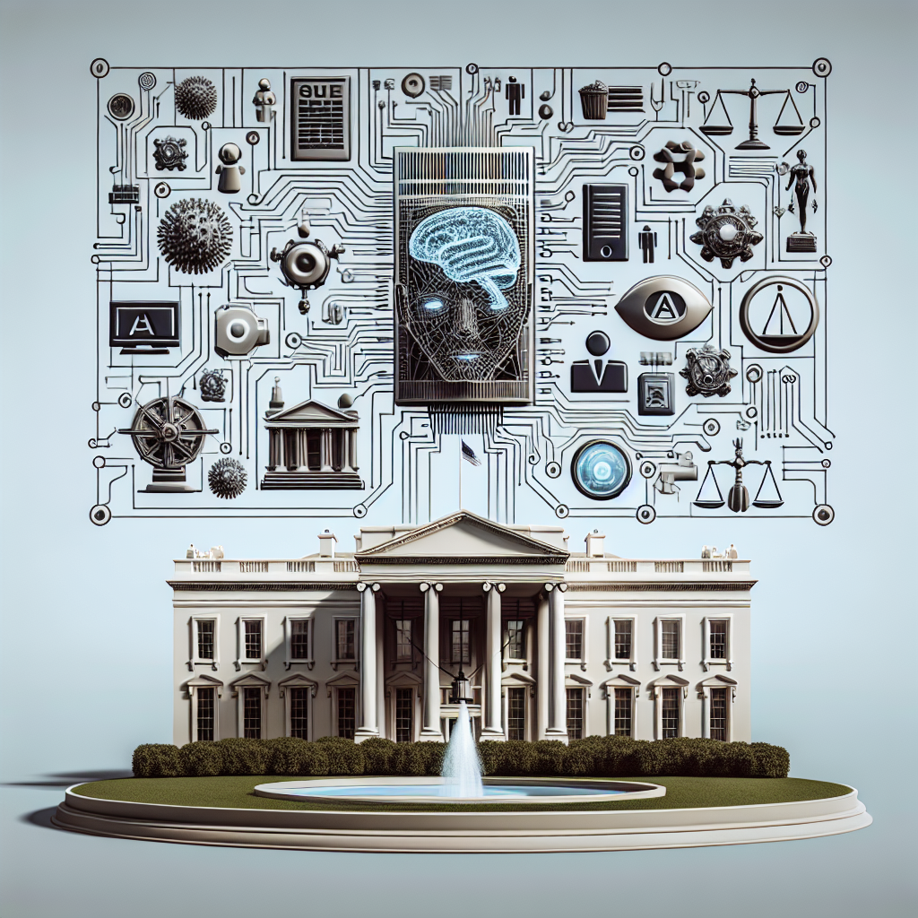 Visualize an image showcasing a symbolic representation linking Artificial Intelligence and regulation. Depict a large, well-structured government building, implying the White House. Overlay this with AI iconography, like neural networks and robots. Also, merge in imagery depicting regulation such as scales of justice, law book, etc. Finally, include a scroll or parchment with text representative of 'Best Practices'. Avoid representations of any specific people, public figures, or copyrighted material.