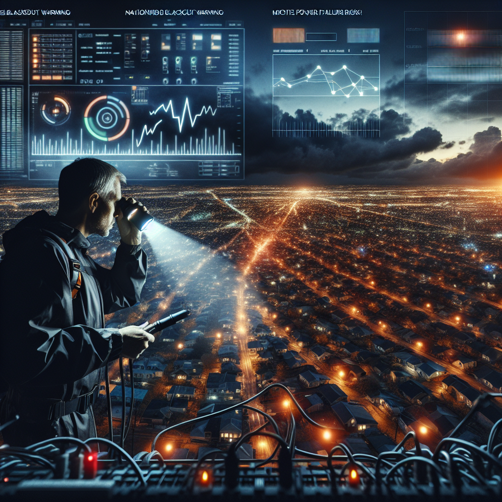 Visualize a sweeping dusk view of a sprawling metropolis, illuminating the last glimpses of light before total darkness. Tiny, sparse and solitary lights boldy resist the overarching blackout, lighting up individual houses, hinting at their survival tactics and backups. In the foreground, an stressed Caucasian male electrical engineer with a flashlight and protective gear is investigating a complex grid of wires and indicators. A digital screen nearby displays critical information about the power grid, including zones of failure and status updates. The headline 'Nationwide Blackout Warning: Mitigate Power Grid Failure Risks Now!' glows brightly, challenging the impending darkness.