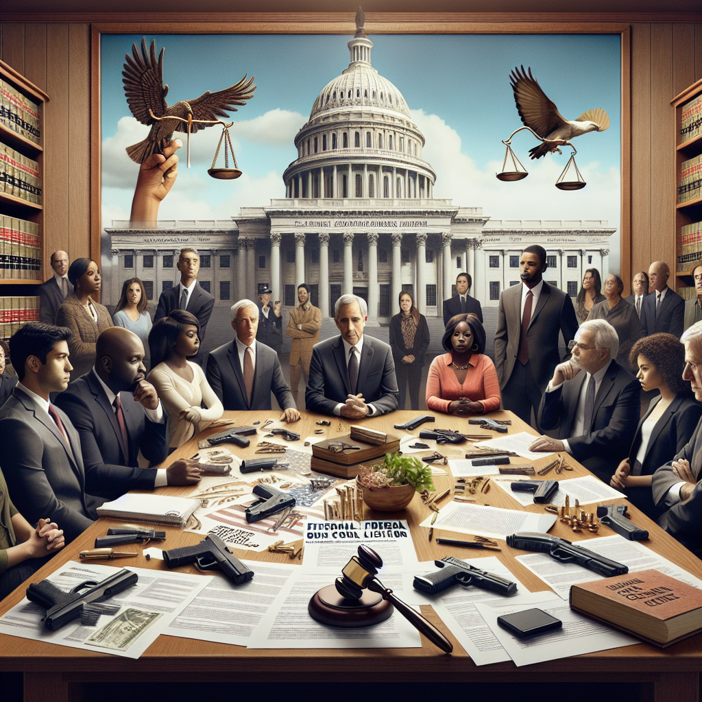 Display the concept of federal gun control legislation: a large, detailed imagine representing strategies to combat gun violence. In the background, a large courthouse, symbolizing the federal government. In the foreground, a diverse group of people (middle-aged Hispanic male, young black female, elderly Caucasian man) sitting around a table, engaged in serious discussion. Spread across the table, documents and law books indicating research and planning. On one side of the table, an image of a balanced scale, symbolizing justice and fairness. On the other side, an olive branch, symbolizing peace.