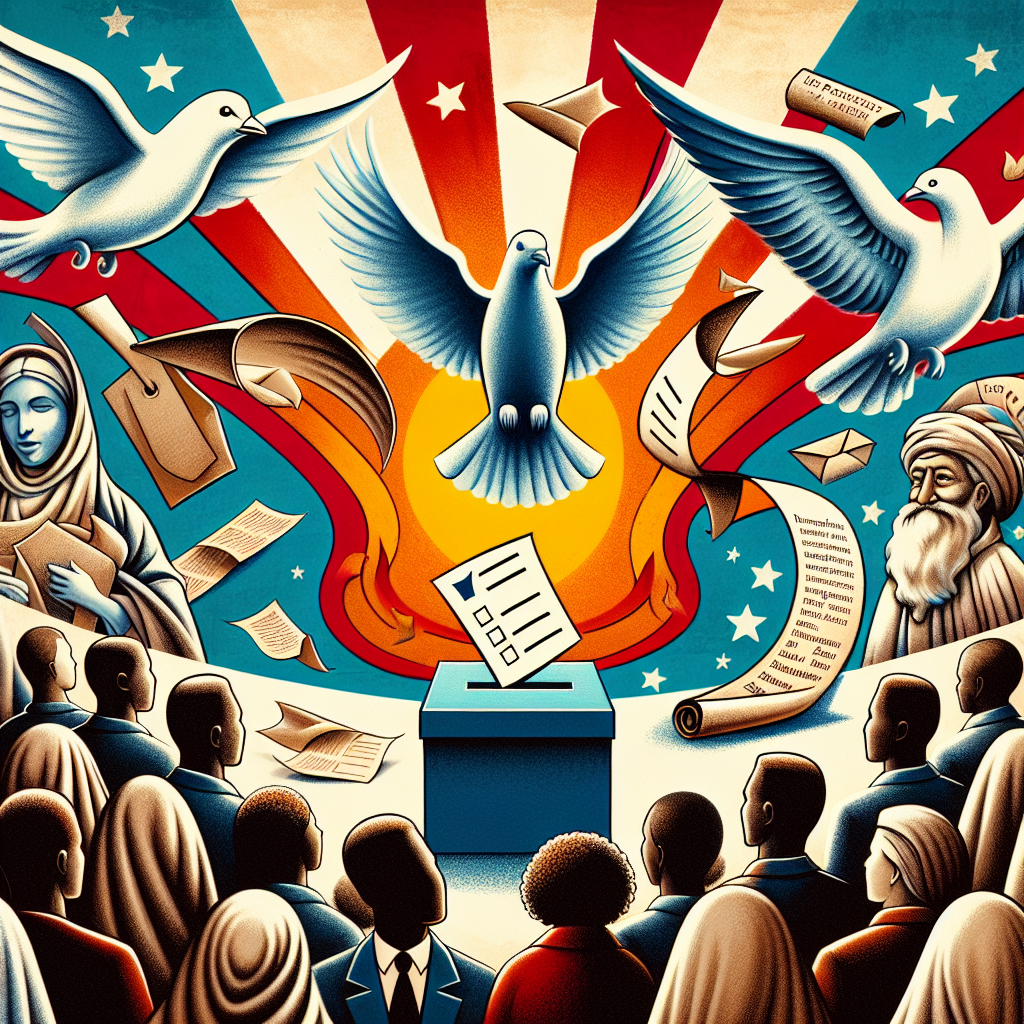 Visual depiction of an abstract concept showing the transformation and improvement of the electoral process. The image should have symbolic elements like a ballot box turning into a dove symbolizing peace, a vibrant sunrise representing new beginnings, and a scroll to represent laws and amendments. The backdrop could be an illustration of a diverse crowd of individuals, illustrating varied descent like Black, Hispanic, White, Middle-Eastern, and South Asian, eagerly participating in the voting process.