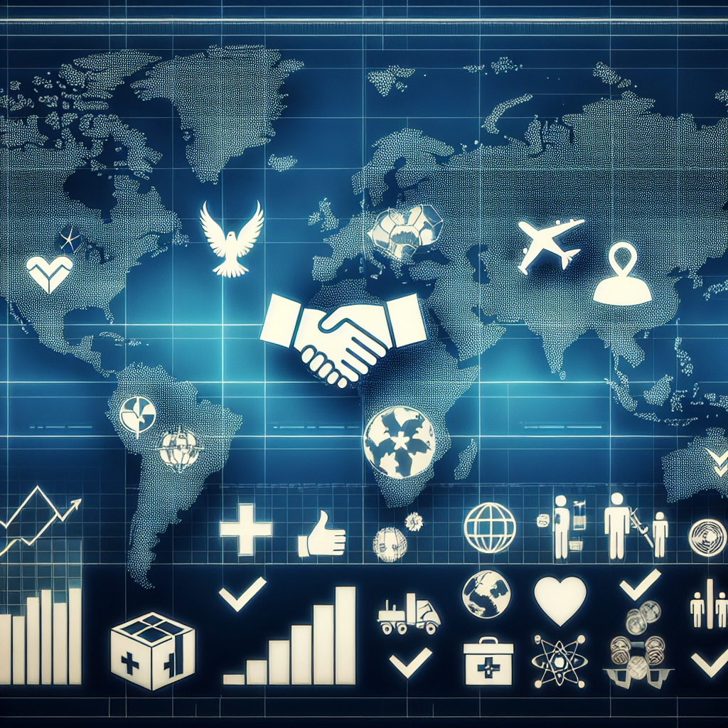 Visualize an image that reflects global security. Display a world map with prominent countries outlined, and a few symbolic icons such as handshake, a peace dove, aid box, and strategic chess pieces distributed across it. This represents international cooperation, peace, humanitarian aid, and strategic thinking respectively. Superimpose a set of checkmarks forming an ascending stairway on one side of the map, symbolizing progress and best practices. Note: Display no flags, no military personnel or weaponry, and avoid pointing any explicit focus on any particular country.