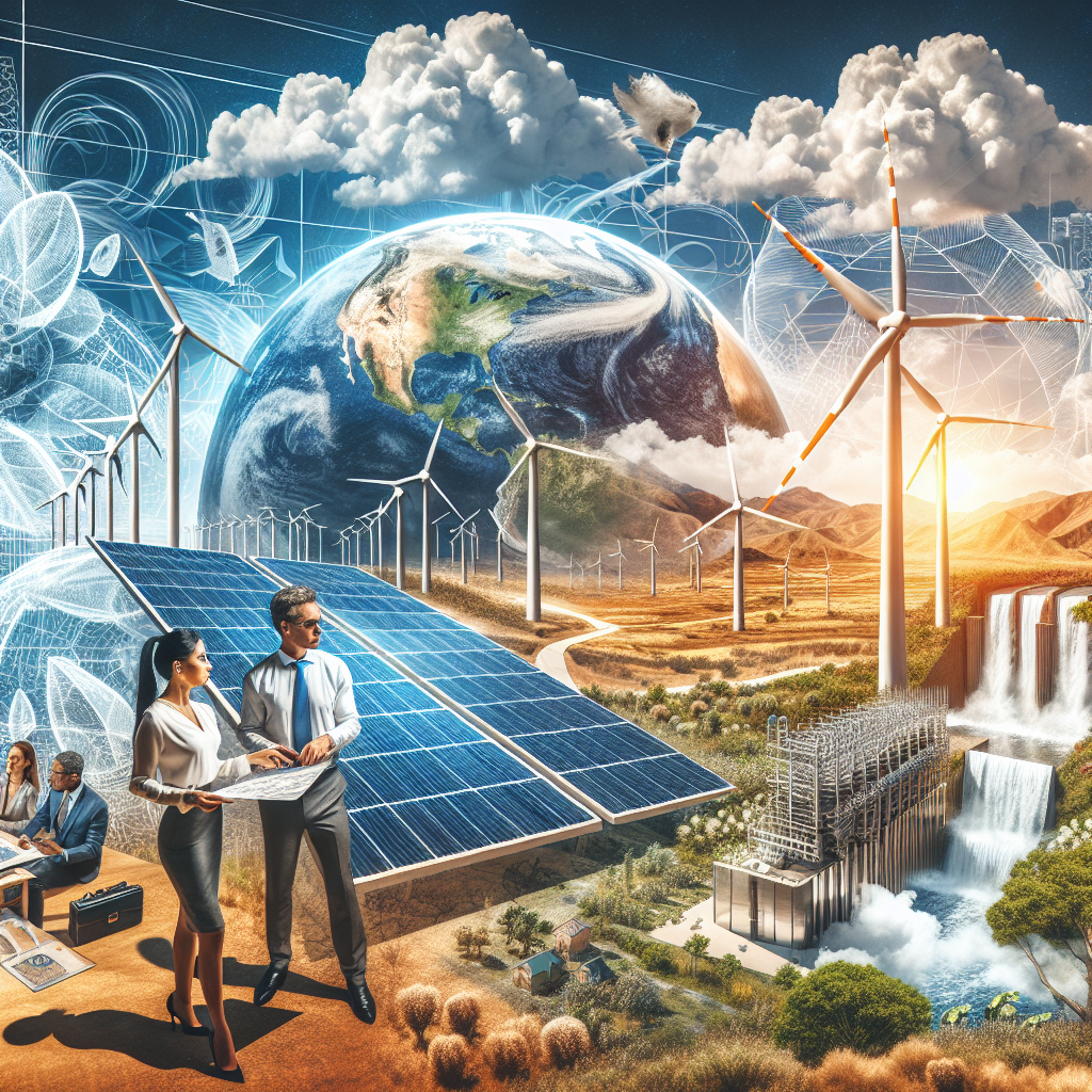 An image showcasing a blueprint of clean energy infrastructure: solar panels in a sunny, desert landscape, wind turbines in a gusty countryside with clouds flowing, and a hydroelectric power plant near a waterfall in a lush valley. We see confident investors, a Hispanic woman and a Middle-Eastern man, inspecting and discussing the diagrams. In the background, there's a modern, eco-friendly legislative building where a group of diverse politicians, men and women of various descents, are working diligently on climate change legislation. Overlaying the scene, the figurative images of an Earth thriving with healthy, diverse flora and fauna.