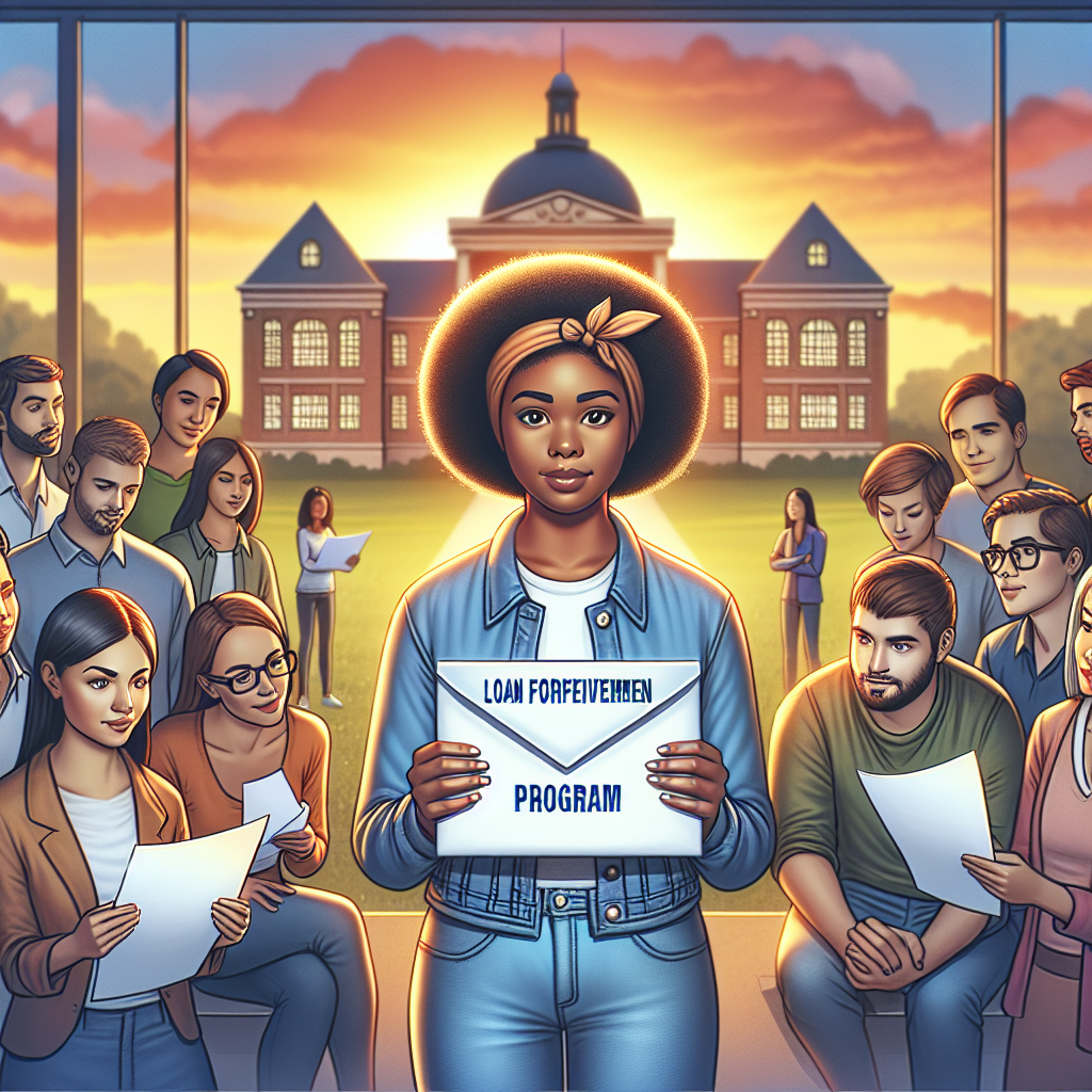 Visualize an enlightening scene pertinent to student loan forgiveness programs and affordable repayment plans. Center stage, a hopeful young woman, of African descent holding in her hands an envelope labeled 'Loan Forgiveness Program.' Around her, diverse students ranging from Caucasian, South Asian, Hispanic and Middle-Eastern descent, are engaged in thought or discussion, some looking at papers labeled 'Affordable Repayment Plan.' In the background, a university building serves as a reminder of their academic journey. The tranquil sunset sky illuminates their faces with a warm glow, embodying their hopes and dreams.