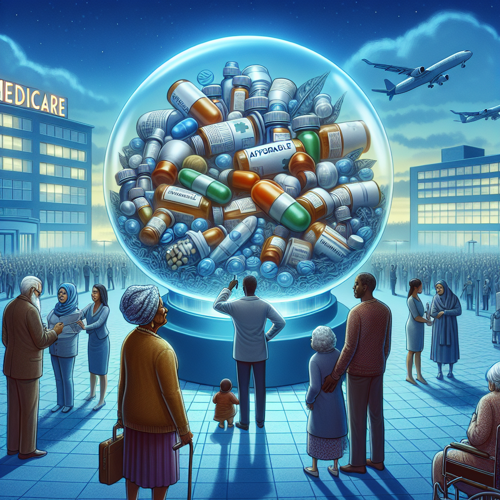 Visualize an engaging and symbolic scene that represents the concept of changes to Medicare. In the foreground, depict a diverse assortment of people, including an elderly Black woman, a young South Asian man, and a Middle-Eastern family, examining a noticeably large, transparent sphere filled with assorted medication bottles and medical equipment. On the sphere, have words such as 'Affordable', 'Healthcare', and 'Solutions' etched prominently. In the background, integrate a looming hospital building with a large signboard reading 'Medicare'. Enhance the scene with blues and greens to convey a positive, hopeful mood.