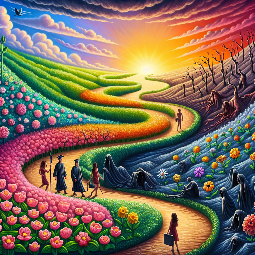 Create an image depicting a symbolic representation of highlights and low points in a person's life. The scene unfolds on a scenic winding path, lined with vibrant flowers symbolizing happy milestones, such as graduation, marriage, and the birth of a child. The path climbs a hill, representing the peak of success. On the other side, darker, colder hues paint themes of loss and adversity - perhaps symbols of a broken heart or a wilting flower. At the end of the path, a sunset suggests the inevitability of life's end, yet beauty persists.