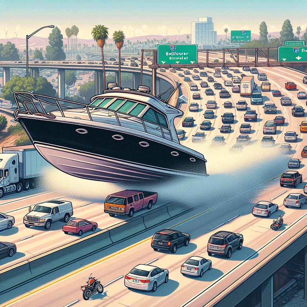 Uncontrolled boat skims over California freeway, narrowly avoiding vehicles in Bellflower.