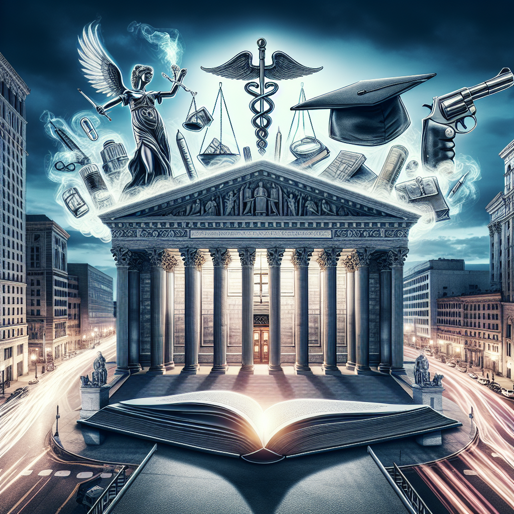 Illustrate an imposing courthouse building with classical architecture in the center of a busy urban landscape. To the left, symbolize abortion with a medical symbol such as the caduceus, drawn ethereally in the sky, and to the right, illustrate a symbol for education represented by a graduation cap and a book drifting as a cloud. Strikingly illuminated in the front, display an open book bearing the weight of a balanced scale, symbolizing justice. Position a firearm in the background, partially concealed behind the courthouse, a subtle representation of gun laws.
