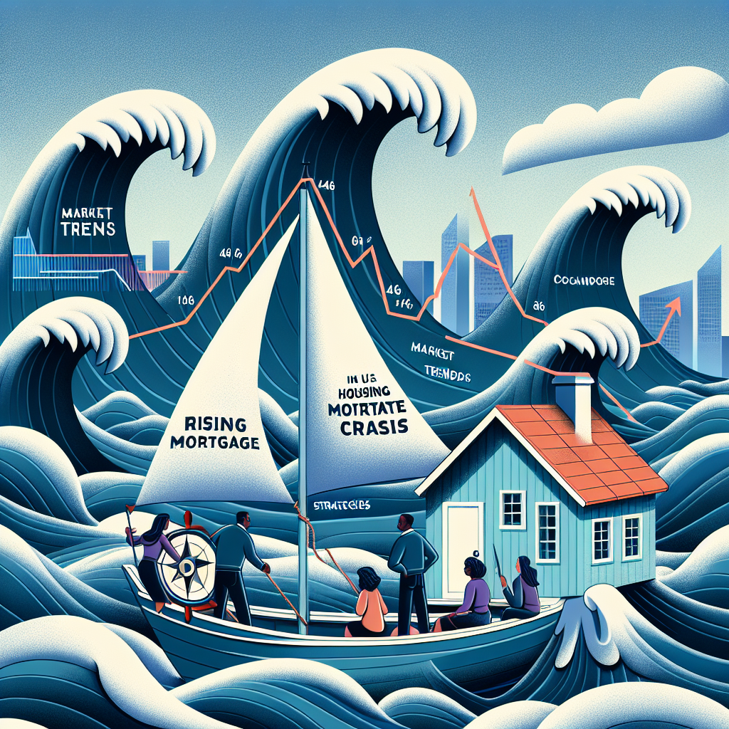 Create an illustration representing the concept of 'Navigating Rising Mortgage Rates in the US Housing Market Crisis'. The scene includes a stylized ocean storm, symbolizing the housing market crisis, with towering waves shaped like housing charts showing an upward trend. In the middle of the storm, there's a small sailboat offered by strategies trying to navigate through the rough seas. There stands a diverse group of people on the boat, including a Caucasian female holding a compass labeled 'Strategies', a Black male looking at a roadmap that reads 'Market trends', and a South Asian female steering the boat.