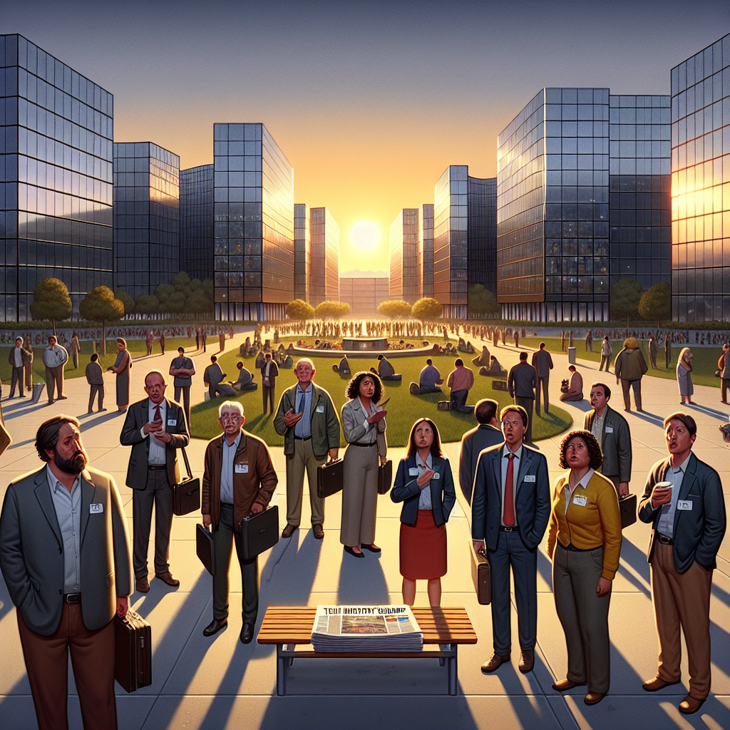 An early morning scene, with the sun slowly peeking from the horizon, illuminating a collection of large, futuristic-looking technology industry buildings, representing the major tech giants in the US. The buildings are surrounded by a central courtyard where a diverse range of individuals, Hispanic men and women and Caucasian men and women wearing business suits and carrying briefcases, stand. The expressions on their faces show shock and disbelief. A stack of newspapers are scattered on a nearby bench with the headline, 'Tech Industry Shakeup: Mass Layoffs'.