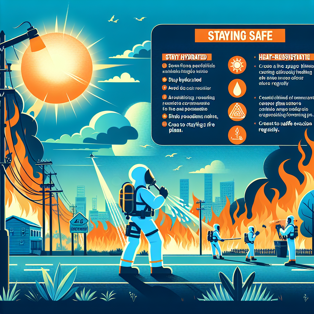 Visualize an intense scene of a heatwave in a suburban area under the blazing sun. The sky is cobalt blue without a single cloud, and the heat radiates off the pavement. Nearby, authorized personnel wearing heat-resistant suits are diligently fighting a wildfire, using hi-tech firefighting equipment to control the raging flames. Additionally, illustrate a clear infographic displaying essential tips for staying safe in such severe conditions. It should include tips like: staying hydrated, avoiding exposure to direct sunlight, creating a safety evacuation plan, and listening to authorized reports and updates regularly.