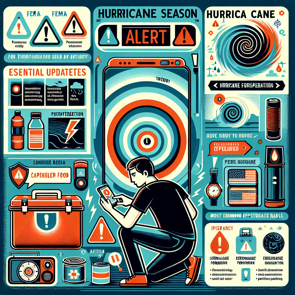 A comprehensive visual guide displaying essential updates and preparedness tips for hurricane season according to FEMA. The image should convey urgency, featuring alert signs and exclamation marks for updates. It should also depict a person (Caucasian male) checking his digital device for latest updates, surrounded by emergency items like canned food, flashlights, battery-operated radio. On another part of the image, infographic showing hurricane formation process, and most common hurricanes paths. All these elements should convey the message of preparedness, alertness, and resilience during hurricane season. The color palette primarily consists of bold, contrasting colors to attract attention.