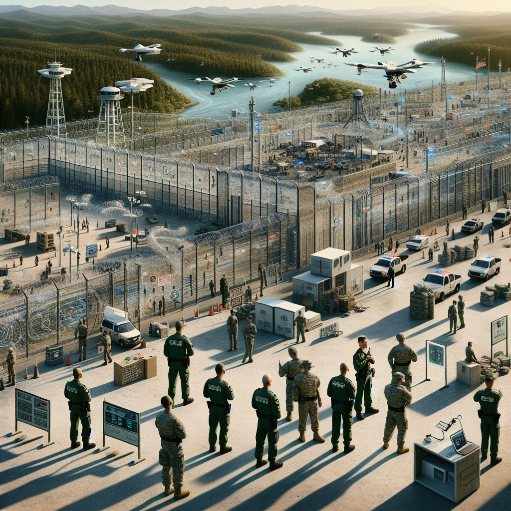 A highly detailed imagery of a complex security infrastructure along a vast geographic border. It should showcase layers of security such as fences, watchtowers and surveillance technologies like drones, security cameras and sensors. Uniformed security personnel of varied descents such as Caucasian, Hispanic, and Black should be performing their duties. Also, there should be signs and communication boards indicating updates and changes in procedure. The background should be a diverse terrain: forests, rivers, and mountains. However, do not symbolize any specific real-world locations. The setting should be during daylight and the weather should be clear.