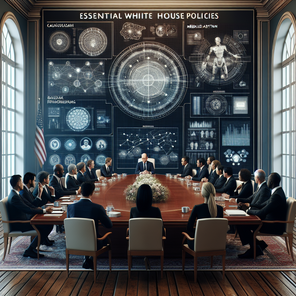Envision a modern and professional setting where a meeting is going on in a large, elegant room with a long mahogany table. Around the table, a mix of individuals of diverse descents such as Caucasian, Hispanic, Black, and Middle-Eastern, are engaging in a serious discussion. The walls are adorned with charts and images showcasing elements of artificial intelligence - like neural networks, robots, and data visualizations. In the center of the table, there's a white document titled 'Essential White House Policies'. Emphasize the atmosphere of deep thought and important decision-making. The style of the image should be realistic.