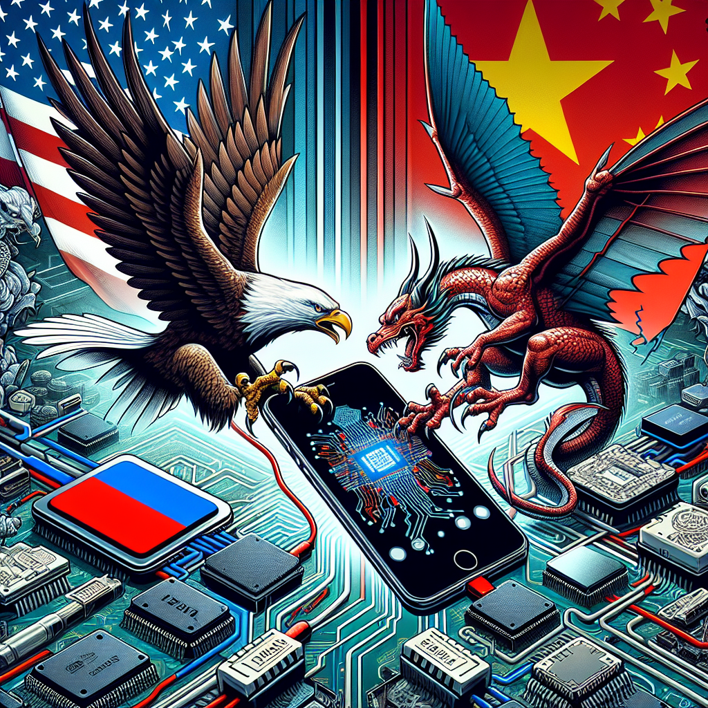 A detailed, illustrated rendering of a symbolic scene depicting tech tensions between two represented countries: one symbolized by a soaring eagle and the other by a dragon, with a background reflecting technology elements such as microchips, binary code, and networks. The eagle and dragon are seen engaging in a tug of war with a smartphone symbolizing a popular social media app. The image should convey a tense atmosphere, as if a tug of war is unfolding. The background includes flags of the two respective countries, but only as minor elements, not overwhelming the scene. The text 'Tech Tensions' is boldly displayed at the bottom.