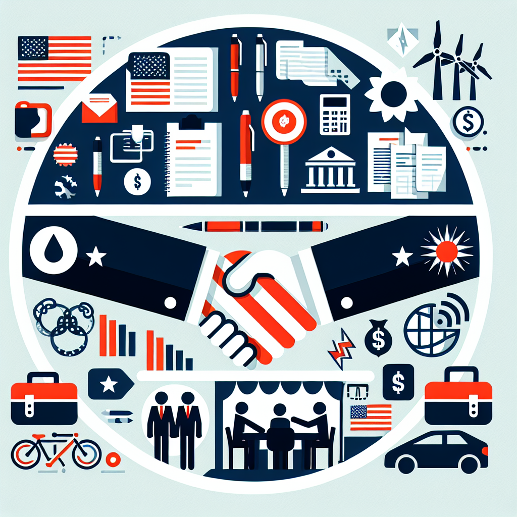 Design an informative and professional graphical image that visualizes a sharp decrease in gas prices in the United States. Include an array of elements symbolic of energy policy, such as official documents, pens, roundtable meetings, handshakes, and perhaps lawmakers shaking hands. Include iconography to represent different forms of sustainable energy sources, such as solar panels, wind turbines, and electric car charging stations. The primary colors should be those of the US flag: red, white and blue. Please ensure that all visualizations are neutral and avoid representing any specific individuals or groups.