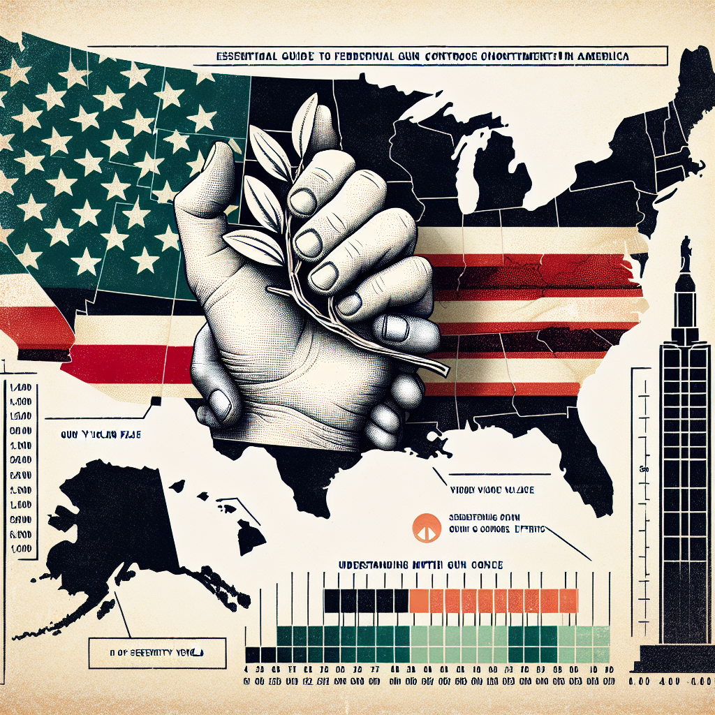 A detailed depiction of a book cover for an article on gun violence incidents. The cover should feature layers of symbolism, starting from an outlined map of the United States at the background, with each state highlighted differently based on the severity of gun violence. A scale bar indicating severity levels should be on a corner. Overlaying the map, a pair of hands, one Caucasian and one Hispanic, holding an olive branch symbolizing peace, with a semi-transparent copy of the United States Constitution fading into the image. A bold title 'Essential Guide to Federal Gun Control Efforts' at the top and a subtitle 'Understanding the Impact of Gun Violence in America' at the bottom.