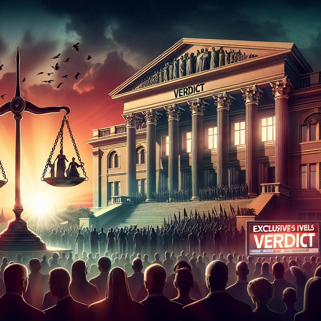 A dramatic courthouse representation set against a setting sun. In the foreground, a pair of scales, symbolizing justice, perfectly balanced with a document that reads 'Verdict'. In the background, a large, intimidating, neo-classical courthouse much like the ones in the US. On the courthouse steps, a crowd composed of individuals of diverse genders and descents eagerly awaiting the revelations from the steps. A news ticker at the bottom says 'Exclusive Verdicts Revealed'.