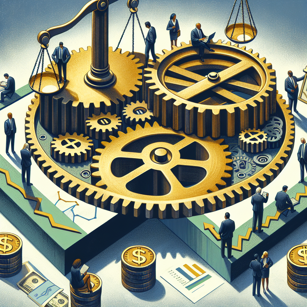 An illustration of a metaphorical finance landscape: A large, brass gear mechanism representing the Federal Reserve, with smaller gears labeled ‘interest rate decisions’. These are interacting, in a delicate balance, with a scale, on one side of which is the dollar sign and on the other is the symbol for inflation. There are businessmen and businesswomen of diverse descents—Caucasian, Hispanic, Black, Middle-Eastern, South Asian—studying charts and conversing on the best strategies for managing inflation.
