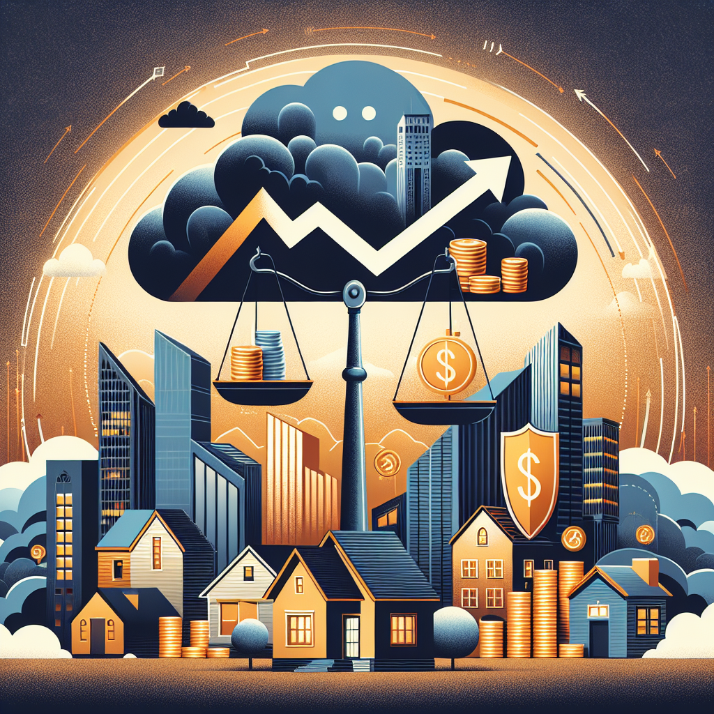Create an image representing the concept of the US housing market crisis. Depict a skyline of various types of houses, from tall skyscrapers to small suburban homes, all under an ominous cloud symbolizing the crisis. Incorporate a depiction of a rising arrow into the design, representing mortgage rates. Offset this daunting visual with another image symbolizing solutions: visualize a shield representing protection and a scale balancing a house and a stack of coins. Use warm and comforting colors for the elements associated with solutions to create a contrasting vibe.