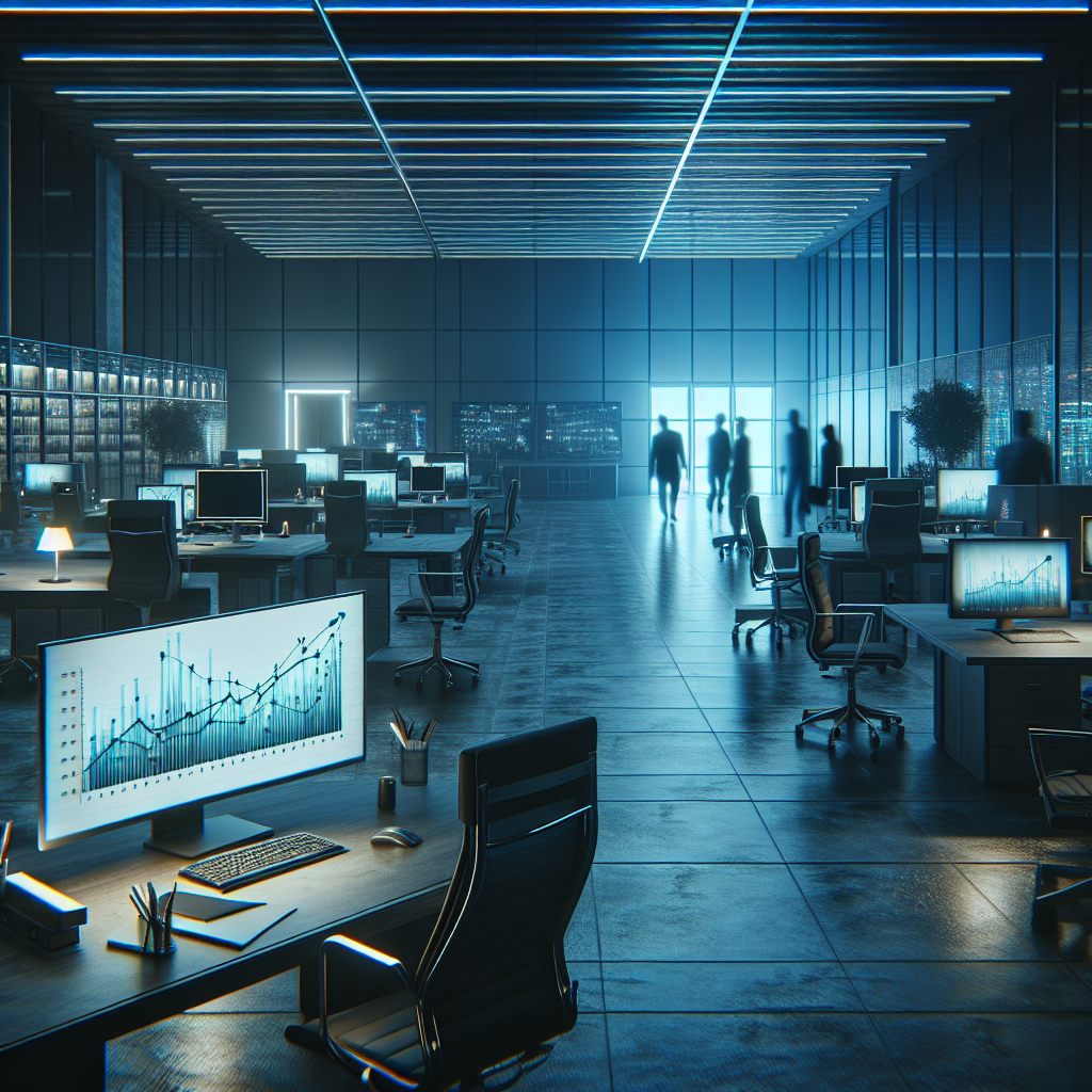 A dimly lit office environment colored in hues of blue and grey to depict the current crisis. The space should be full of modern technological elements such as large monitors, advanced computers, and sleek, ergonomic office chairs, but devoid of people. In the foreground, there's an abandoned desk with a still-glowing computer screen that displays a graph showing a downward trend. In the far end of the office, slight visible shadows of multiple individuals with varying genders and descents hint at job losses. The overall atmosphere should be poignant and convey a sense of desolation and uncertainty.