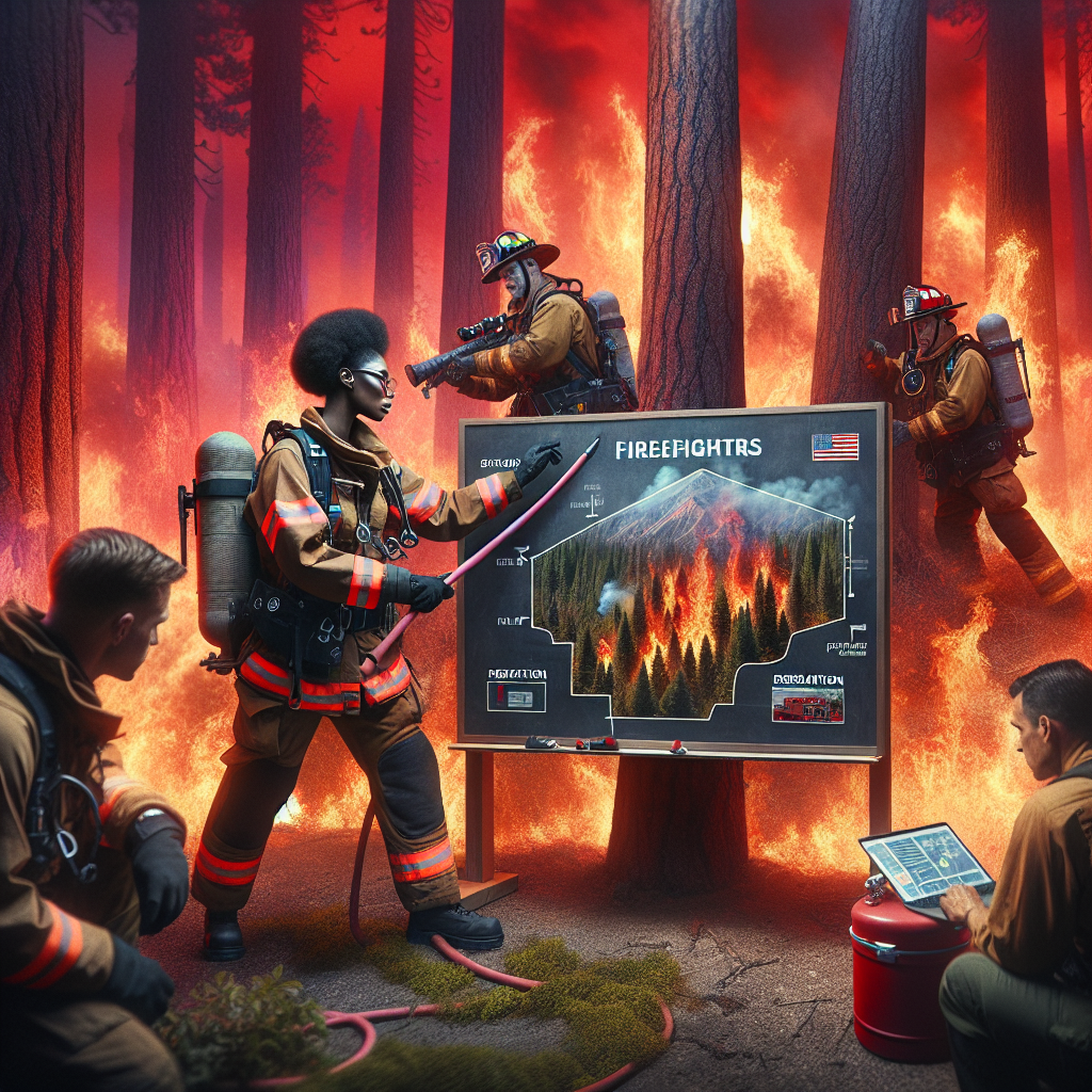 An intense scene of wildfire raging in a dense forest of towering pine trees under a crimson red sky, signifying a potent heatwave. On one side are brave fire fighters, a black woman in full protective gear working proficiently to douse the flames, alongside her an Hispanic man, also a firefighter, demonstrating quick thinking in the face of danger. They are utilizing advanced firefighting equipment designed to combat extreme conditions. On the other side, a large chalkboard diagram presents strategic measures being outlined to battle wildfires effectively and efficiently. The focus is on prevention, preparation, and rapid response.