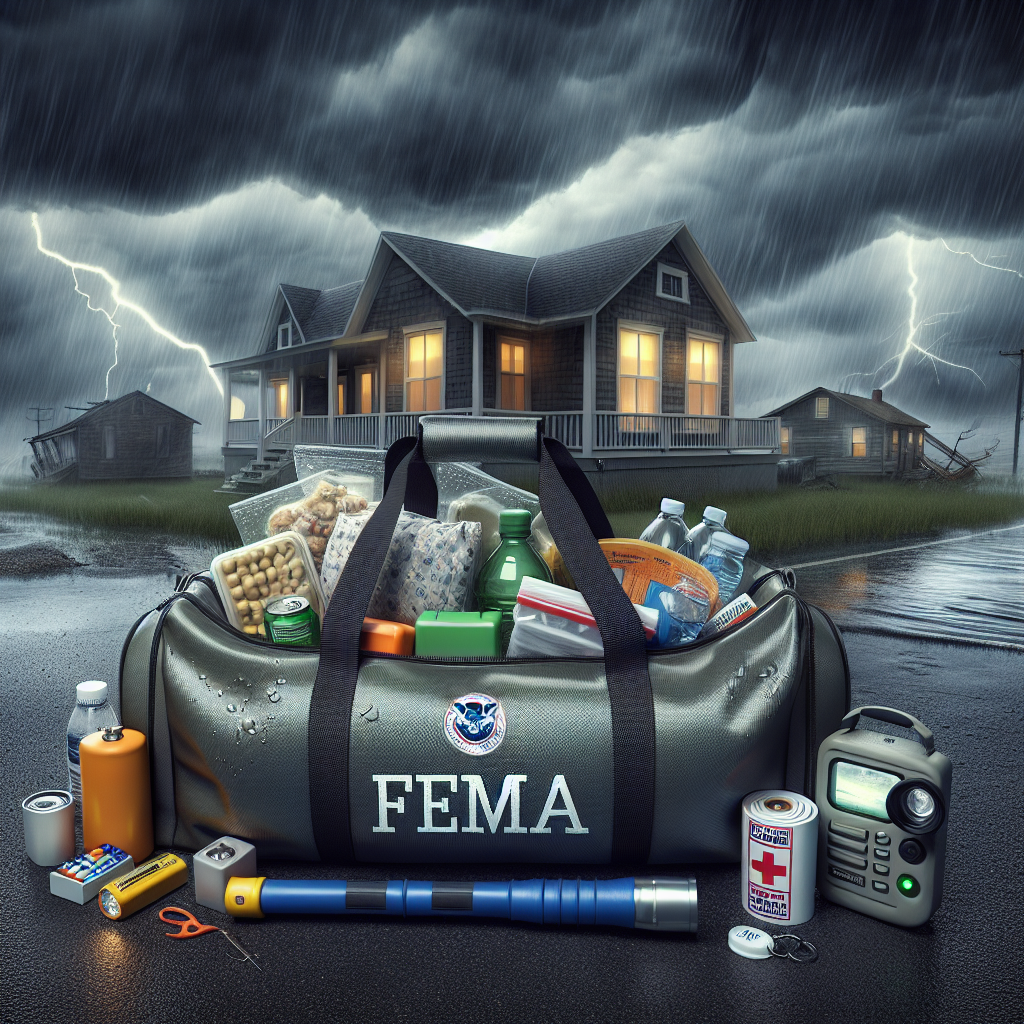 A visualization of a FEMA emergency preparedness pack for Hurricane Season. Show a waterproof duffle bag with the FEMA logo emblazoned on the front. Inside, arrayed neatly, are key items necessary for survival during a hurricane including: a flashlight, a first aid kit, bottled water, non-perishable food, a portable radio set, batteries, and a whistle. Ensure the backdrop is a location prone to hurricanes, preferably a sturdy house located in a coastal area with dark stormy clouds looming overhead, foreshadowing the commencement of the hurricane season.