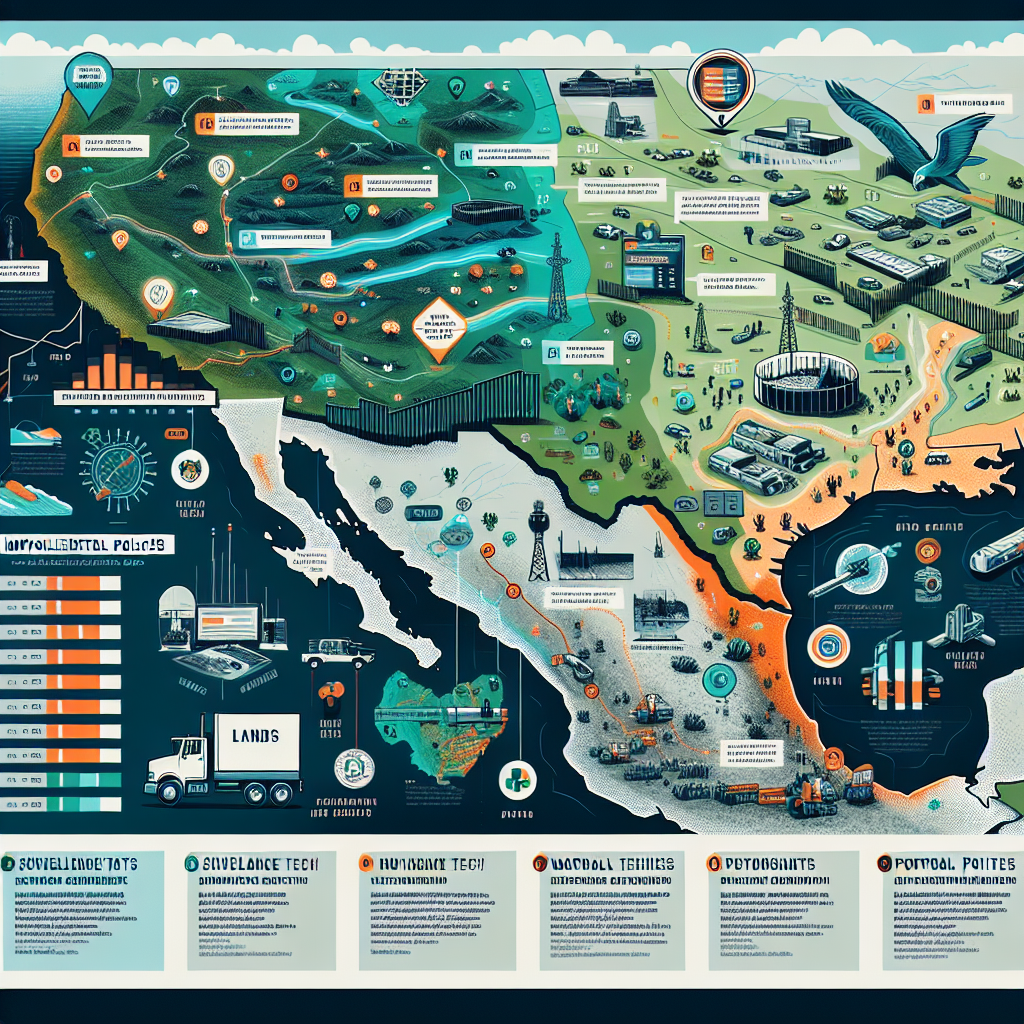A detailed and informative illustration of the geography of the U.S.-Mexico border, featuring notable points such as key cities, rivers, and terrains. Include iconography representing developments in border security measures, such as surveillance tech, wall construction, and patrol vehicles. Please also depict the main routes historically favored by immigrants. To illustrate policy changes, incorporate an infographic showing important dates and their respective implemented policies, but without direct reference to any political figures or parties. Balance the color palette between greens for lands, blues for waters, and grays for built structures, with vibrant colors or infographics.