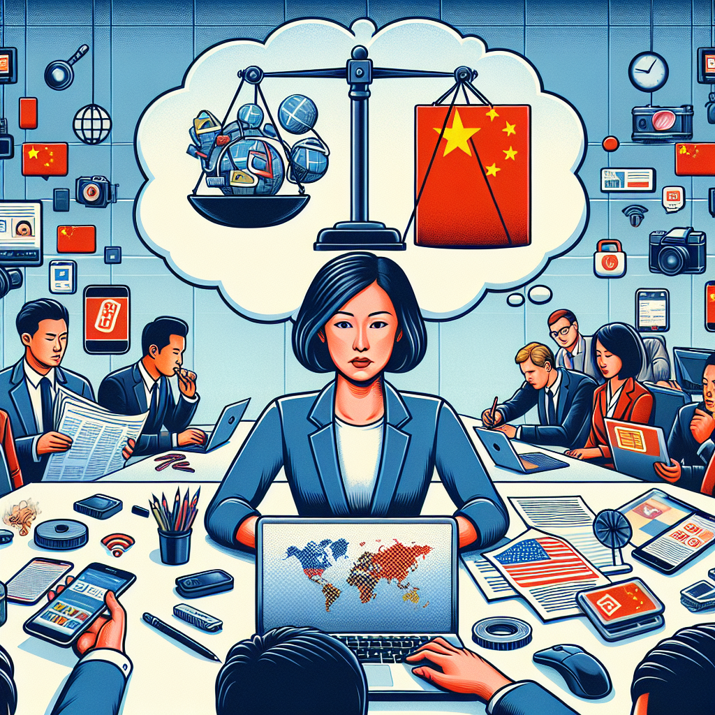 Illustrate an editorial room with multiple diverse journalists. Include a Caucasian female journalist researching on a laptop, displaying a generic social media app with the international 'prohibited' sign overlaid. Have an Asian male journalist examining a rolled-up map featuring the United States and China. Array of tech gadgets like smartphones, tablets, and computers all around the room. Also, include a translucent thought bubble depicting scales of justice balancing a tech icon and a national emblem, symbolic of the tech tension between the two nations.