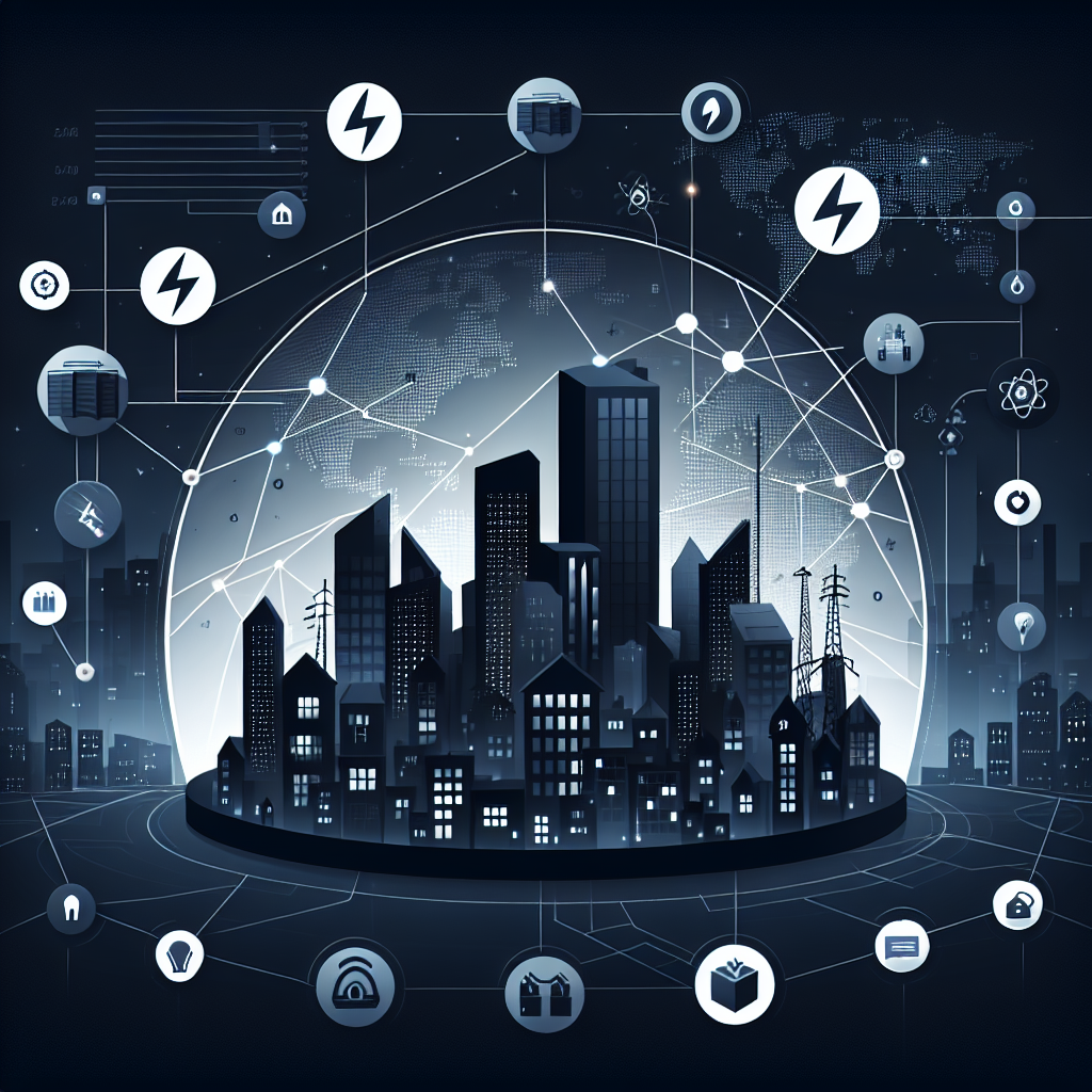 Illustration of a cityscape during night time with buildings in silhouette due to a power outage. Infographic elements such as interlinked cubes representing the power grid, lightning bolts indicating electricity, and common symbols for risk and mitigation strategies are hovering connected next to the dark city. A semi-transparent globe showing multiple darkened continents is behind the cityscape, symbolizing the concept of nationwide blackout warnings.