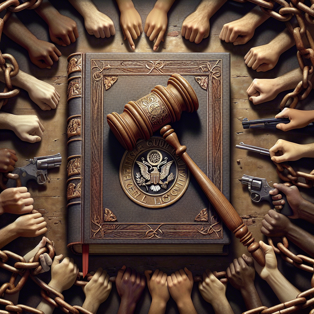 A concept symbolizing the crucial steps towards ending gun violence. Picture an intricately carved wooden gavel striking a large, detailed book with a compass rose embossed on its front cover, to represent federal legislation. At the background, hands of varying descents (Caucasian, Hispanic, Black, Middle-Eastern, South Asian) grasping onto a broken chain, symbolizing unity and ending violence. The scene is framed by a semicircle of olive branches, signifying peace. Please create the image with realistic texture and depth, with a focus on the interplay between light and shadow.